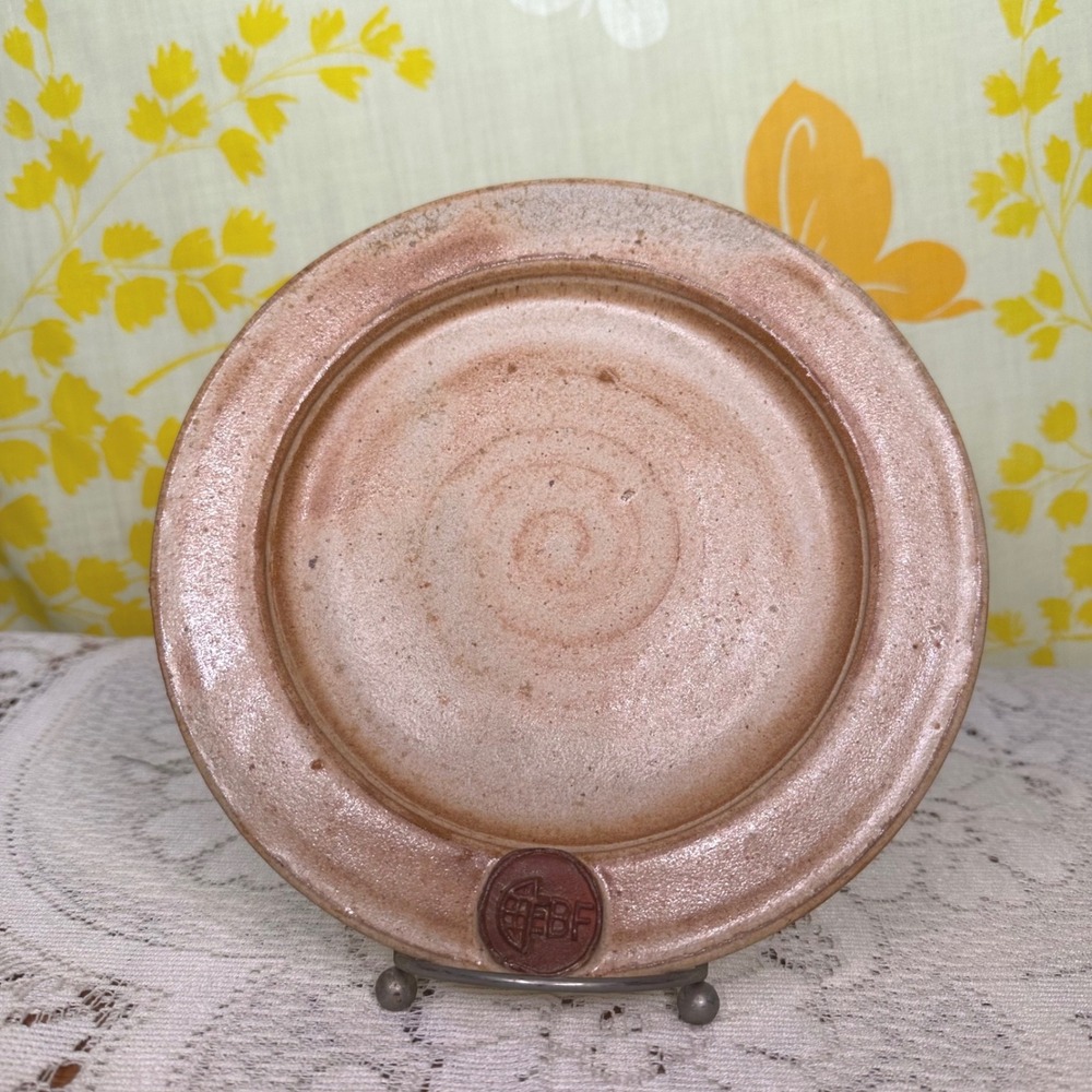 Studio Pottery EBF Globe Seal Stoneware Plate Earthy Tan Brown Glaze 7.5"